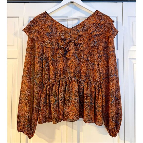 Scoop orange and blue boho ruffled blouse side M 8-10 - Picture 6 of 8